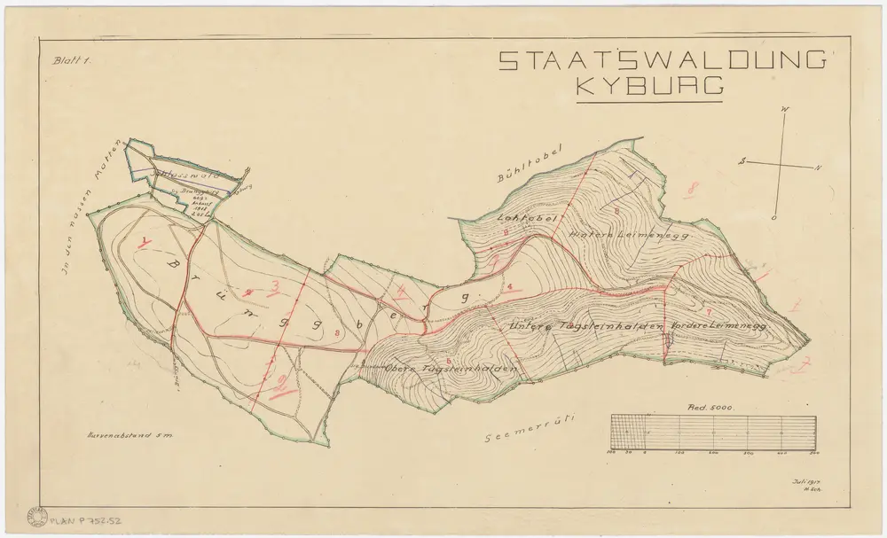 Kyburg, Töss, Illnau-Effretikon (damals Illnau), Schlatt: Staatswaldung: Kyburg: Lootobel (Lohtobel), Hintere und Vordere Leimenegg, Untere und Obere Tutschgenhalden (Tugsteinhalden), Brünggberg, Schlosswald; Grundriss (Blatt 1)