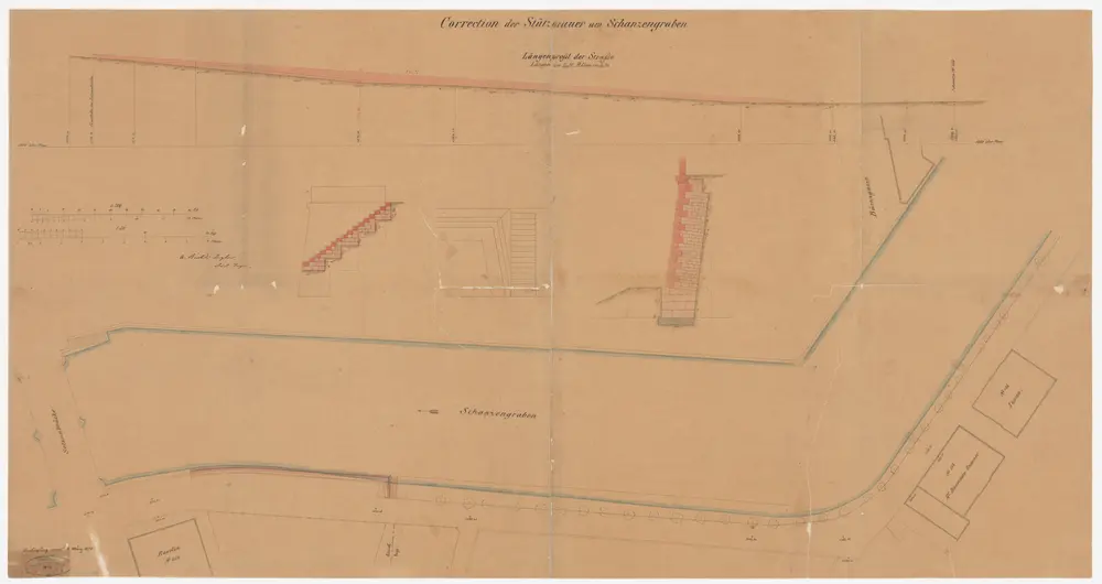 Enge, Zürich: Linkes Ufer des Schanzengrabens oberhalb der Selnaubrücke, Korrektion der Stützmauer; Situationsplan, Ansicht und Querschnitte (Zürichsee-Abfluss Nr. 96)