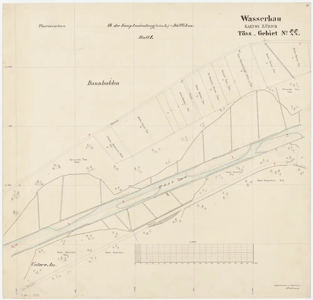 Töss, Winterthur: Von der unteren Au bis oberhalb des Exerzierplatzes, Tösskorrektion; Situationsplan (Töss-Gebiet Nr. 22, Blatt 1)