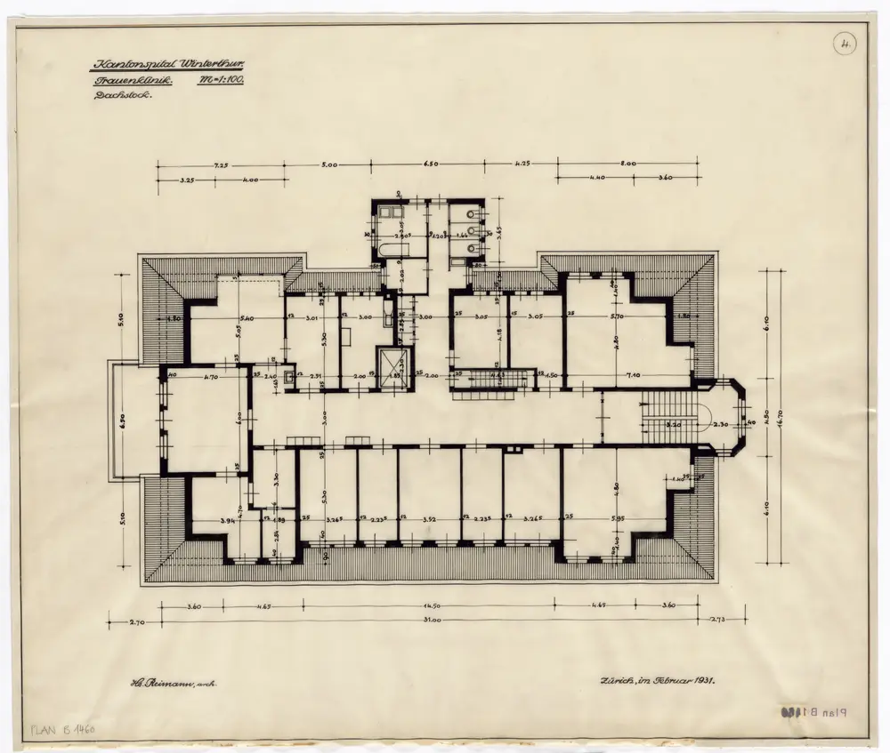 Winterthur: Kantonsspital, Frauenklinik, Dachstock; Grundriss (Nr. 4)