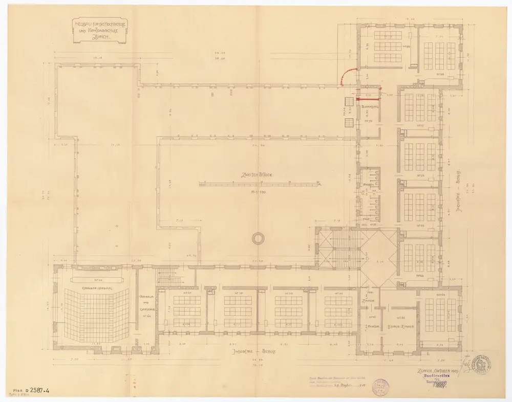 Universität Zürich (Chemisches Institut) und Kantonsschule Zürich, Neubau Rämistrasse 76: Ansichten, Grundriss und Schnitte: 2. Stock; Grundriss