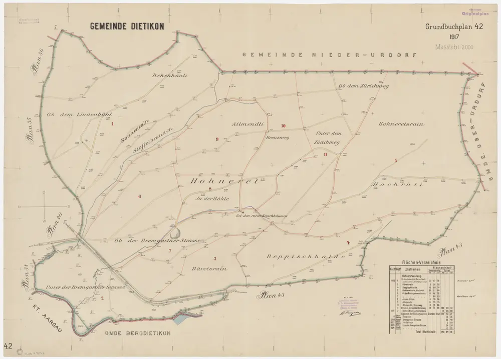 Dietikon: Gemeinde- und Genossenschaftswaldungen: Genossenschaftswaldung Honeret (Hohneret) mit Beckenhäuli, Obem Lindenbüel, Sonnenrain, Stoffelbrunnen, Bäretsrain, Reppischhalde, Allmendli, Honeretsrain (Hohneretsrain), Höhli, Bei den roten Kirschbäumen, Hochrüti; Grundriss