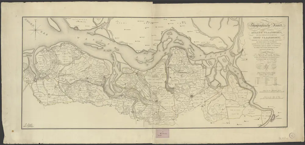 Topographische kaart van het voormalig Staats Vlaanderen, met een gedeelte van de provincie Oost Vlaanderen, strekkende van voor Antwerpen langs den linker-oever der Wester-Schelde tot de Noord-Zee : bevattende al de, tot het jaar 1818 bedijkte polders, verdeeld in zes arrondissementen, volgens het Reglement van administratie der polders in het voormalig Departement der Schelde, gearresteerd 28 Dec. 1811