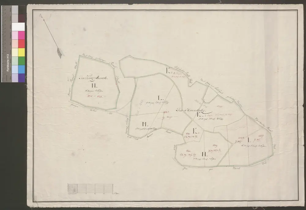 HZAN GA 100_Nr. 316_ : Oberhof (Kr. Öhringen); "Herrholz";ohne Verfasser;40 Ruten = 9,4 cm;70 x 51 cm; Norden links oben;Papier auf Leinwand; Federzeichnung; Grenze farbig behandelt; Höhenschraffen.