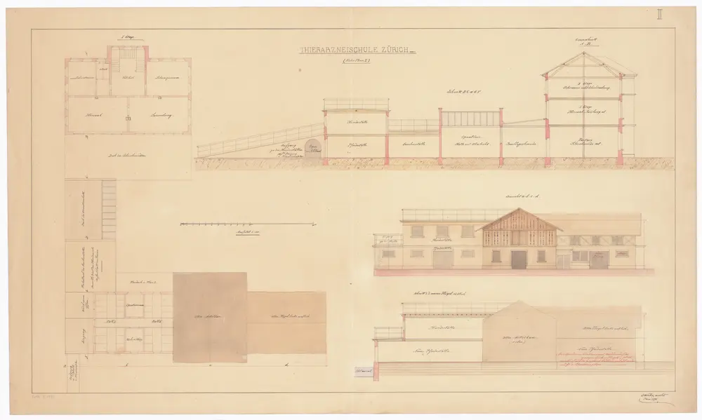 Tierarzneischule Selnaustrasse, mittlere Stallung mit Operationssaal: Projektierte Erweiterung des Mittelbaus: Ansichten, Grundrisse und Schnitte