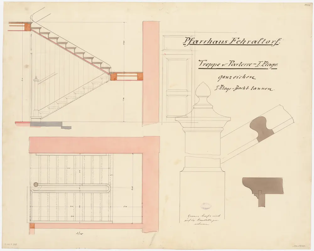 Fehraltorf: Neues Pfarrhaus, Treppe vom Erdgeschoss in den 1. Stock; Querschnitt, Grundriss und Detailansichten (Nr. 22)