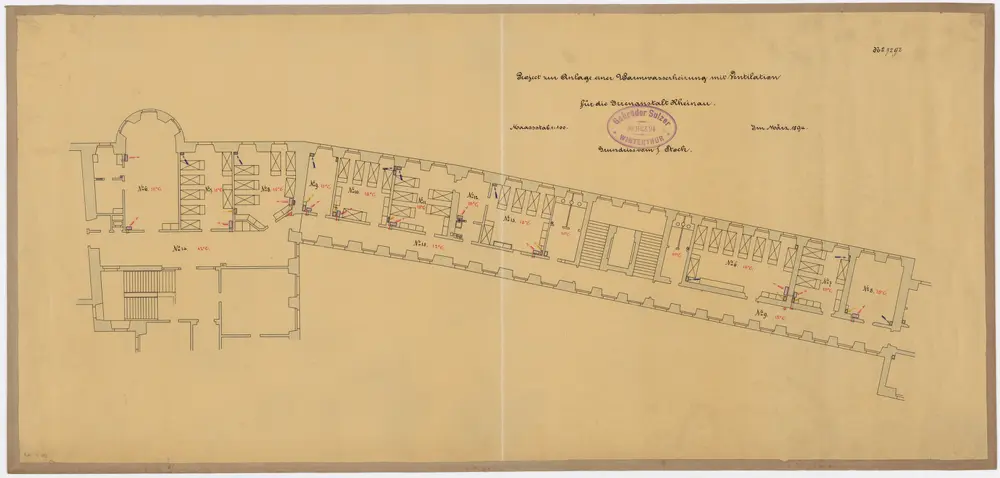 Pflegeanstalt Rheinau: Projektierte Warmwasserheizung mit Ventilation, 1. Stock; Grundriss