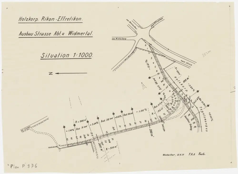 Illnau-Effretikon (damals Illnau), Lindau: Strassenausbau in der Abteilung 4 der Holzkorporation Rikon-Effretikon im Widmertal; Grundriss