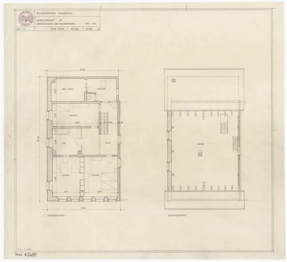 Volketswil: Polizeistation, Umbauprojekt A, Ober- und Dachgeschoss; Grundrisse
