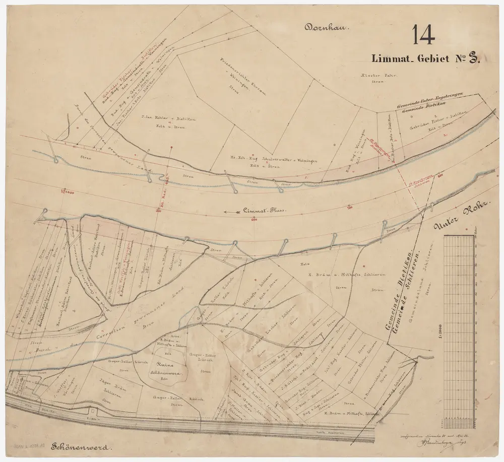 Schlieren bis Würenlos AG: Limmat von oberhalb der Grenze zwischen Schlieren und Dietikon bis zur linksufrigen Grenze zwischen den Kantonen Zürich und Aargau: Blatt 14: Dietikon: Limmat samt durch die Korrektion gewonnenes Land; Situationsplan (Limmat-Gebiet Nr. 3)