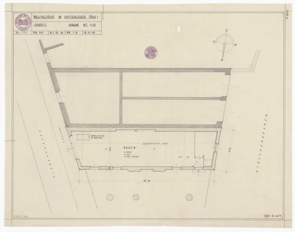 Universität Zürich, Haus zum Rechberg, Magazingebäude gegenüber Rechberg, Hirschengraben 40: Grundriss