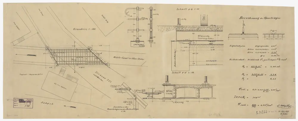 Uster: Brücke über den Mühlekanal von Messikomer und Huber in Ober-Uster: Situationsplan, Grundriss und Schnitte