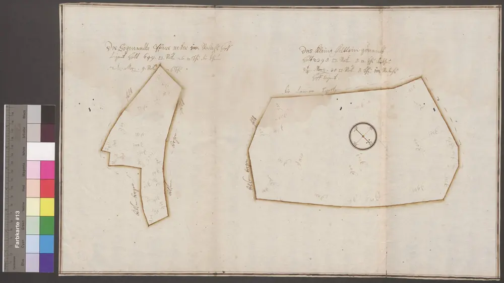 HZAN GA 100_Nr. 152_ : Ingelfingen; "Der Pfarracker im Rotachshof";[Leyser];ohne Maßstab;53 x 33 cm; Norden unten nach rechts;Papier; Federzeichnung; Grenzen in Wasserfarben; Einteilung zur Vermessung in Drei- und Vierecke.