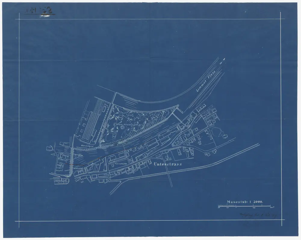 Zürich, Unterstrass: Escher, Wyss und Co. am unteren Mühlesteg, elektrische Leitung in die Werkstätten im Stampfenbach; Situationsplan