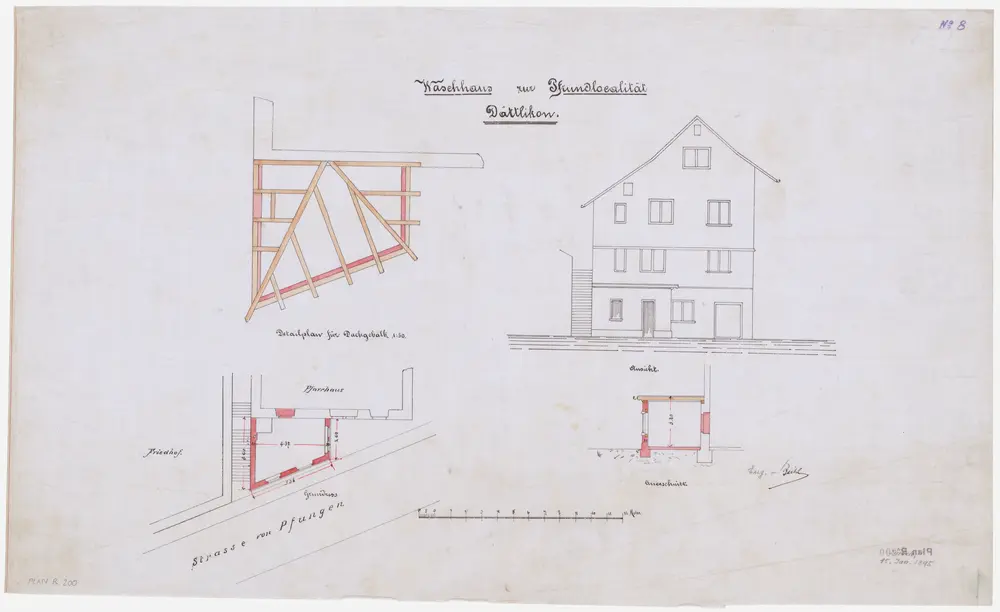 Dättlikon: Waschhaus beim Pfarrhaus; Ansicht, Grundriss, Querschnitt und Detailansicht des Dachgebälks