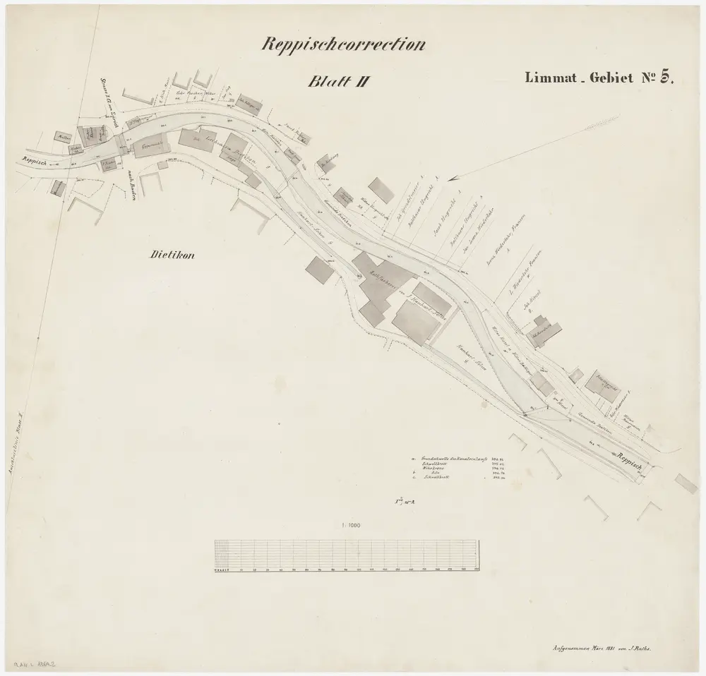 Dietikon: Vom Wehr des Mühlekanals Oberdorf bis oberhalb der Eisenbahnbrücke, Reppischkorrektion: Blatt 2: Reppischkorrektion; Situationsplan (Limmat-Gebiet Nr. 5)