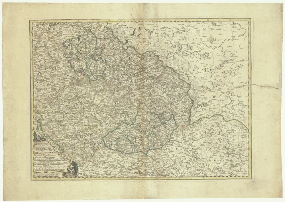 Dermahliges Kriegs-Theatrum oder neue und accurate Landkarte das gantze Königreich Böheim, Herzogthum Schlesien, und die Marggrafthümer Mähren, Ober- und Nieder Lausitz, nebst einen großen Theil von Ober Sachsen, March-Brandenburg, Königreich Pohlen und Hungarn, dann Ertz-Herzogthum Oesterreich begreiffend