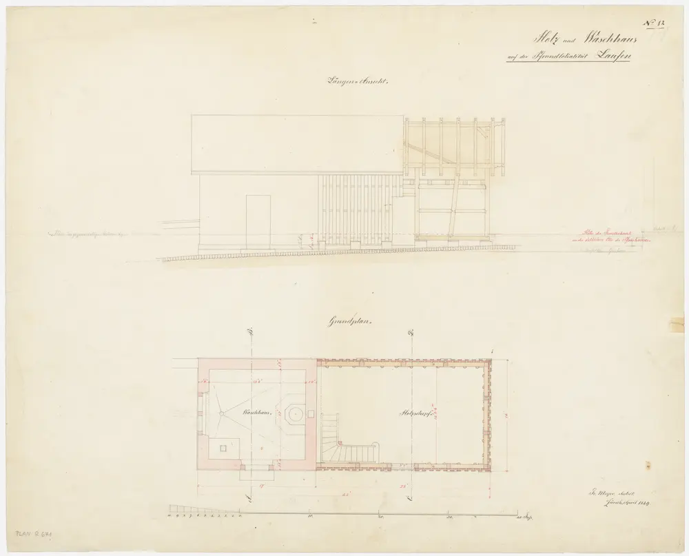 Laufen-Uhwiesen: Waschhaus und Holzschuppen des Pfarrhauses Laufen; Grundriss und Ansicht (Nr. 12)