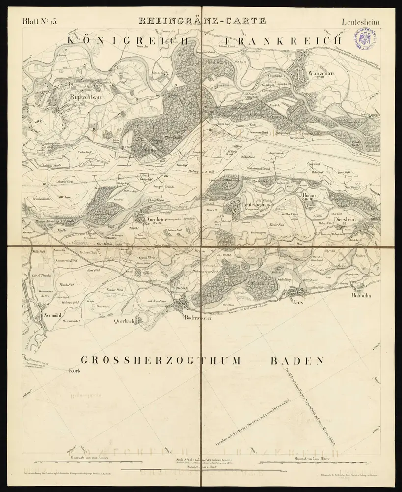 HStAS N 100_Nr. 325_ : "Topographische - Carte des Rheinstromes und seiner beiderseitigen Ufer von Hüningen bis Lauterburg oder längs der französisch-badischen Gränze; nebst der in Folge der Pariser Friedensschlüsse vom Jahr 1814 und 1815 neu berichtigten Banngränzen zwischen den französischen und badischen Gemeinden und den zur Sicherung der Gränzpuncte angenommenen Rheinmarken und Transversallinien. Nach den neuesten während der Gränzberichtigung gemachten Aufnahmen und andern Materialien reducirt und gezeichnet nach Scale No. 2, d (1:20000) im Bureau der Grossherzoglich Badischen Rheingränz-Berichtigungs-Commission"