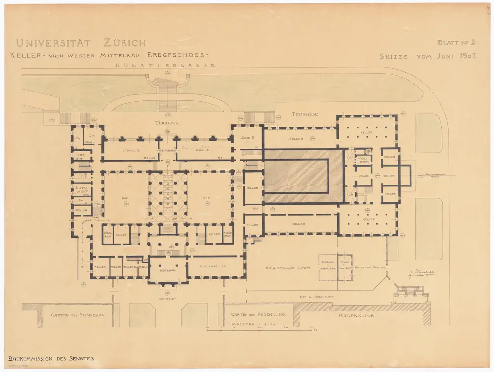 Universität Zürich, projektiertes Kollegienhaus und projektiertes Zoologisches Institut: Kellergeschoss des Westbaus, Erdgeschoss des Mittelbaus; Grundriss (Nr. 2)