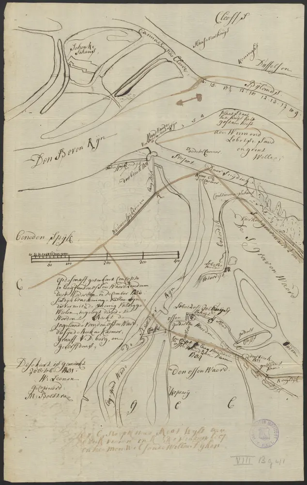 [Manuscript map of the river situation near Schenkenschans and Bijlandsche Waard]