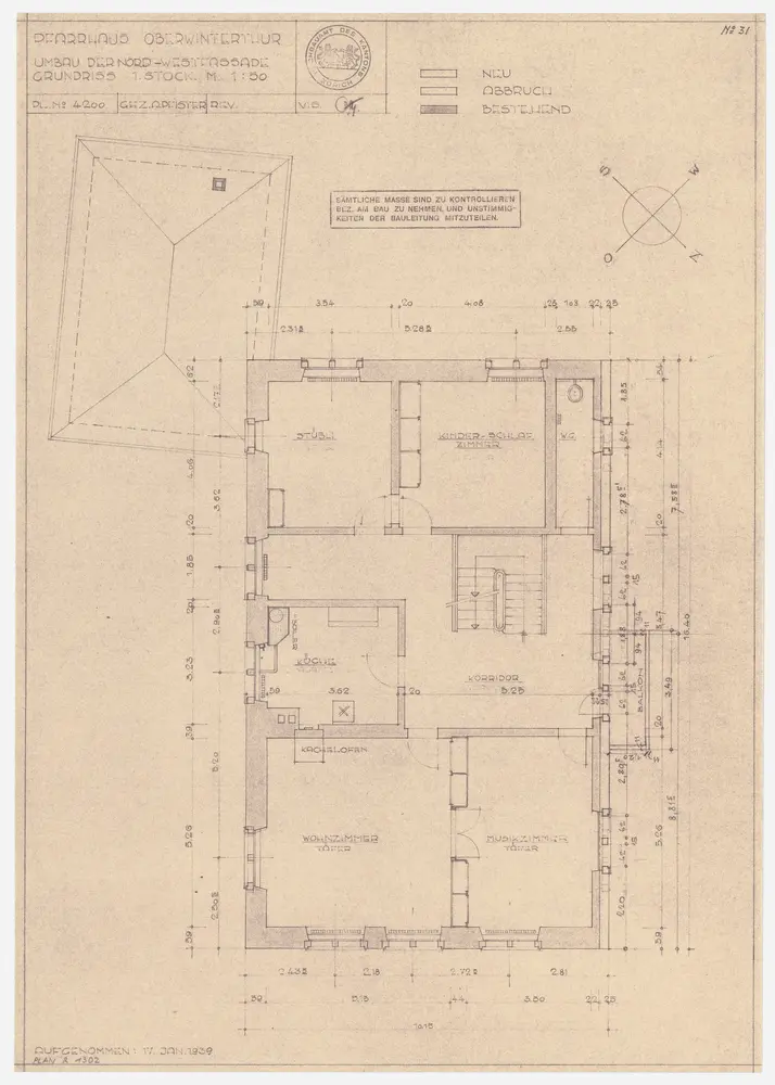 Oberwinterthur: Pfarrhaus, projektierter Umbau der Nordwestfassade, 1. Stock (Variante 2); Grundriss (Nr. 31)