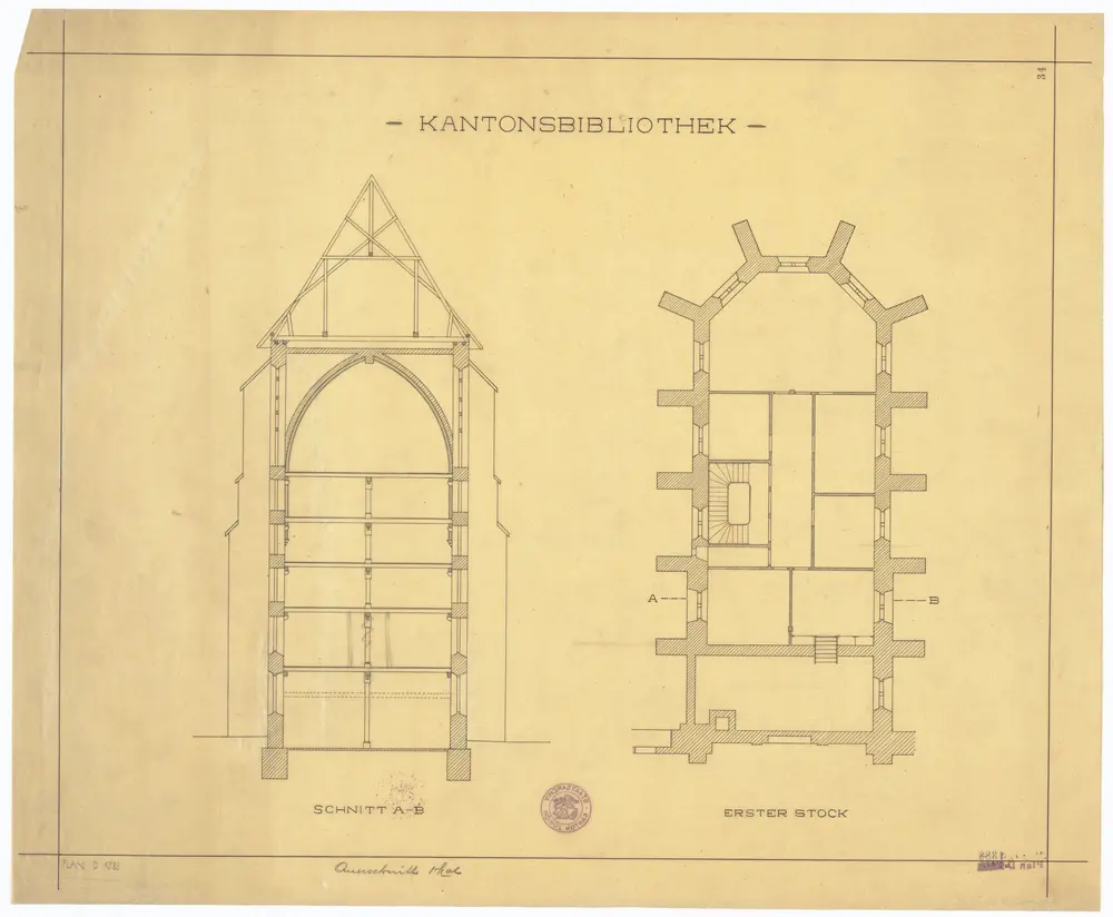 Kantonsbibliothek im Predigerchor: Grundriss (1. Stock) und Querschnitt (Nr. 34)