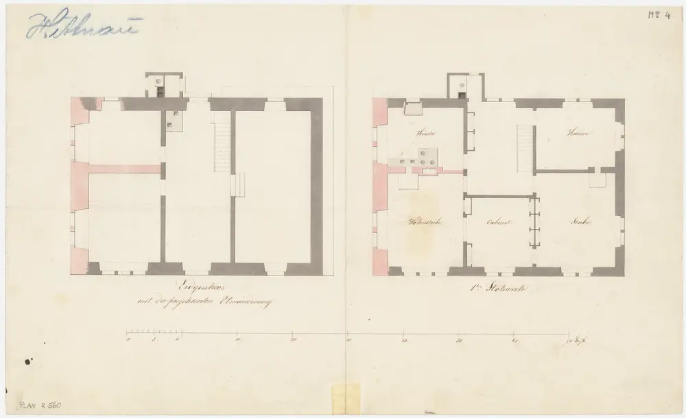 Hittnau: Pfarrhaus, neu projektierte Giebelmauer, Erdgeschoss und 1. Stock; Grundrisse (Nr. 4)