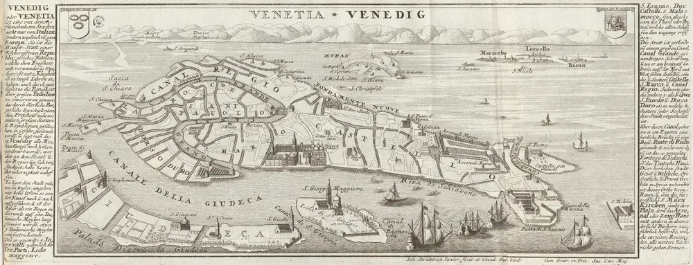 Venetia Venedig [Planvedute, Karte], in: Curioses Staats und Kriegs Theatrum Dermahliger Begebenheiten, S. 66.