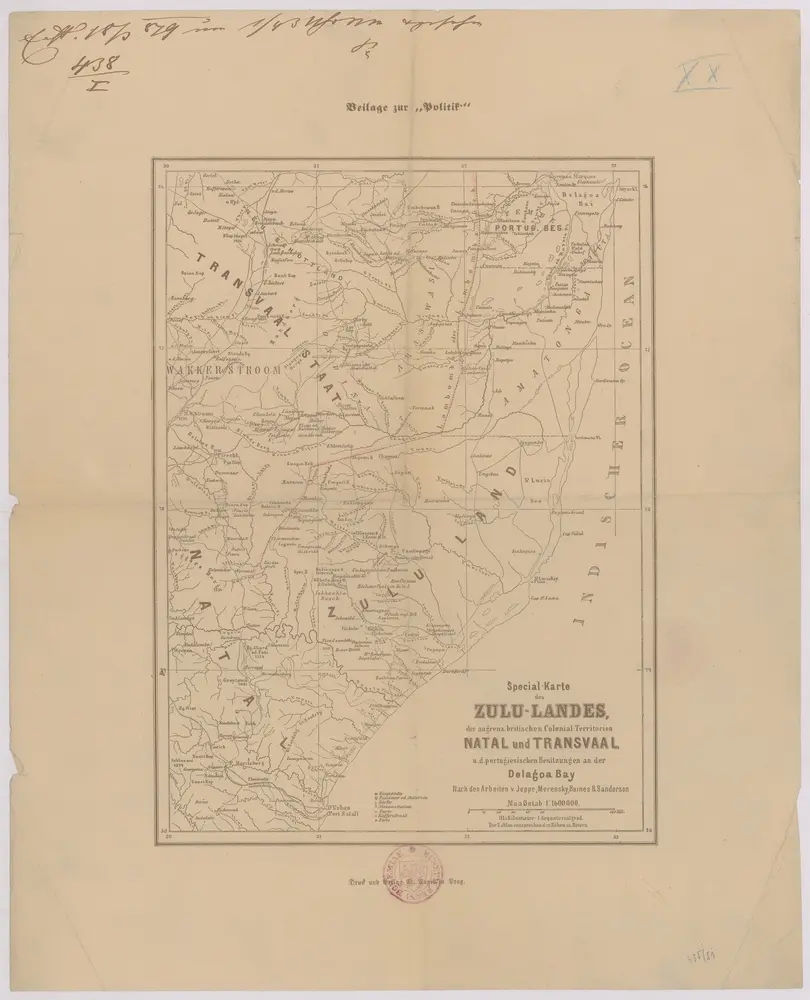 Special-Karte des Zulu-Landes, der angrenz. britischen Colonial-Territorien Natal und Transvaal u. d. portugiesischen Besitzungen an der Delagoa Bay