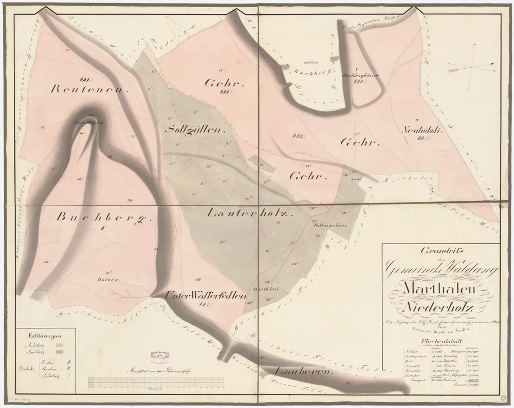 Marthalen: Gemeindewaldung: Niderholz (Niederholz) mit Ger (Gehr), Buechberg (Buchberg), Rütenen (Reutenen), Solgüllen (Sollgüllen), Luterholz (Lauterholz), Botzen, Unter den Wasserfall, Neuhölzli, Chachberg (Kachberg), Fosenacker; Grundriss