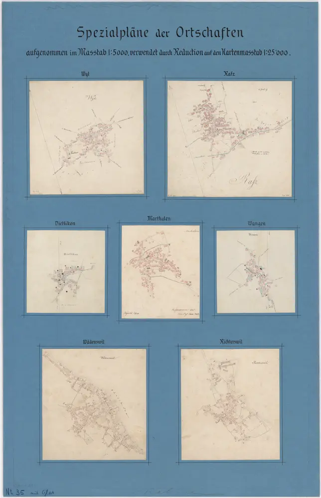 Vorlagen für die Topographische Karte des Kantons Zürich (Wild-Karte): Spezialpläne von Ortschaften: Dietlikon, Marthalen, Rafz, Richterswil, Wädenswil, Wangen, Wil