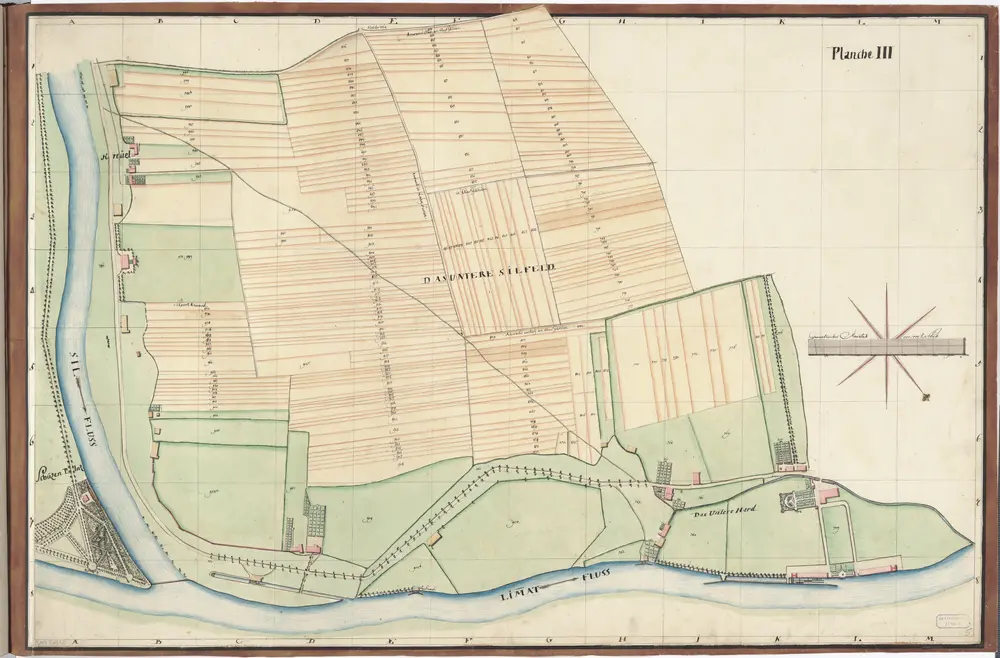 Wiedikon und Aussersihl: Vermessung der Gemeinden: Planche III: Übriger Teil des unteren Sihlfelds samt den Landgütern im unteren Hard und Kreuel entlang von Sihl und Limmat