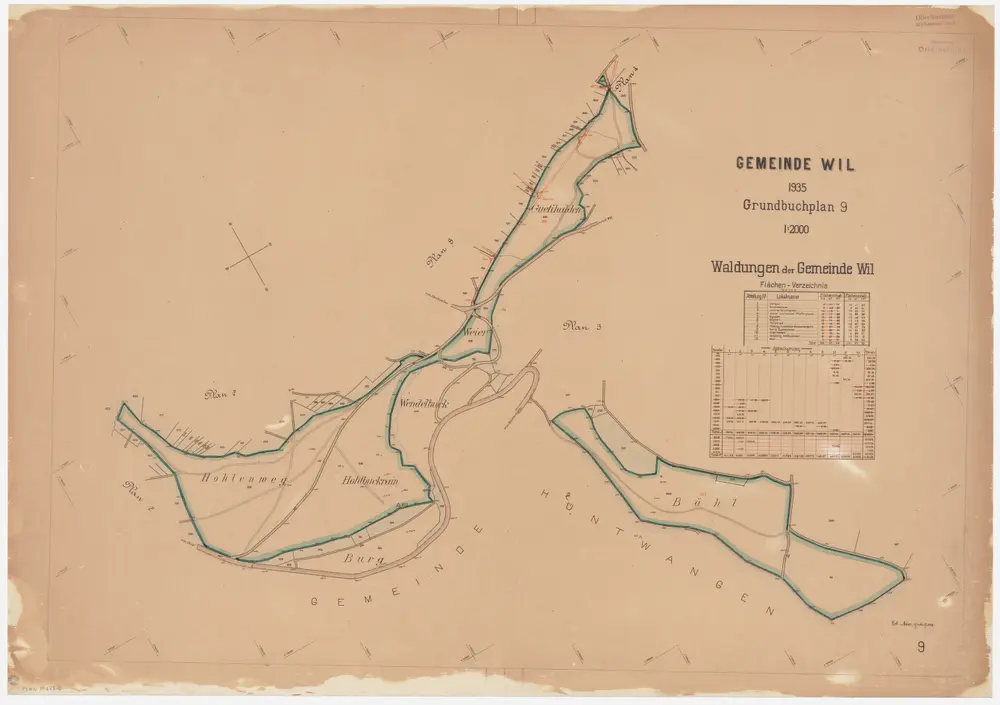 Wil: Gemeinde-, Genossenschafts- und Privatwaldungen: Wil: Gemeindewaldungen Holenweg (Hohlenweg), Holbuckrain (Hohlbuckrain), Wendelbuck, Weier, Guetihalden, Bäl (Bähl); Grundrisse