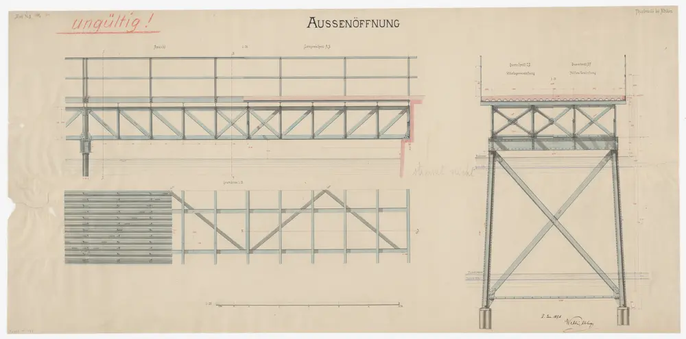 Altikon: Brücke über die Thur; Seitenansicht, Grundriss und Querschnitt