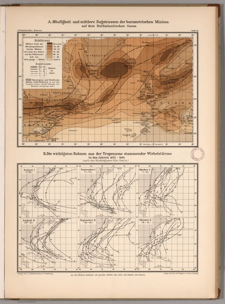 Haufigkeit und mittlere Zugstrassen der barometrischen minima. Die wichtigsten Bahnen aus der Tropenzone stammender wirbelstürme in den jahren 1872-1901