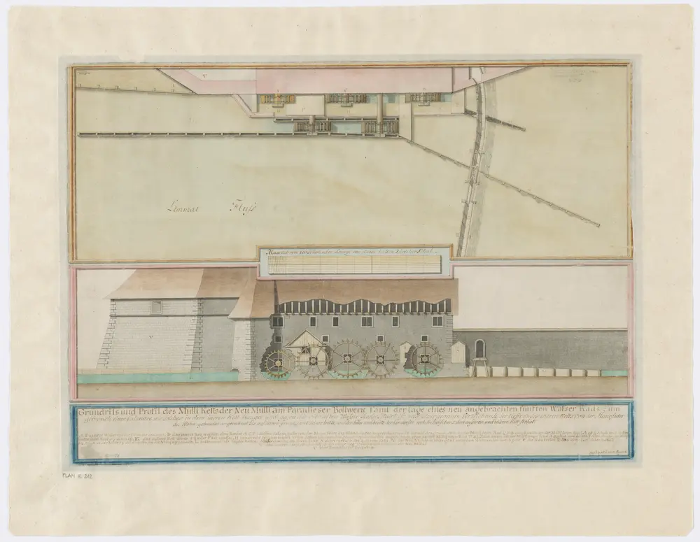 Zürich: Anordnung der Wasserräder der Neumühle beim Paradieser Bollwerk; Ansicht und Profil