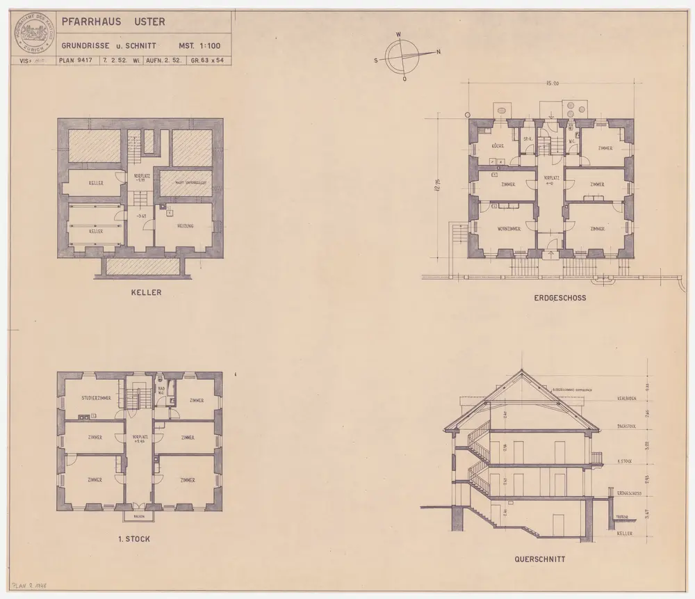 Uster: Pfarrhaus; Grundrisse des Kellers, Erdgeschosses und 1. Stocks und Querschnitt