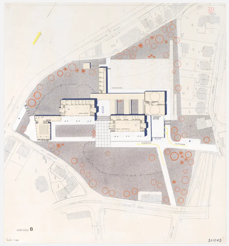 Zürich: Kantonsschule Freudenberg; Projekt 311045; Situationsplan und Grundriss des Geschosses B