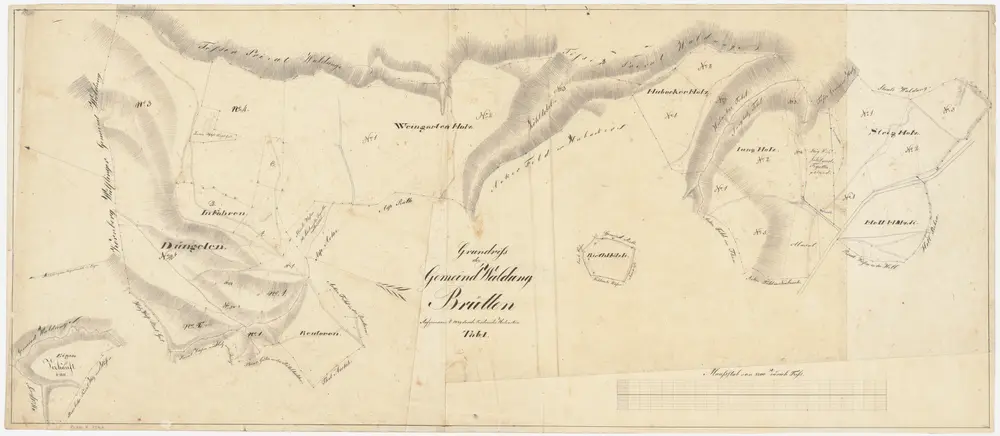 Brütten: Gemeinde- und Genossenschaftswaldungen: Gemeindewaldungen Eigen, Tüngelen (Düngelen), Foren (Fohren), Wingertenholz (Weingarten-Holz), Reuteren, Kohltobel, Huebacher (Hubacker-Holz), Jung-Holz, Steig-Holz, Allmend, Hell-Hölzli, Rieth-Hölzli, Mösli- und Steigwiese von Säckelmeister Tryndler; Grundrisse (Tab. I)