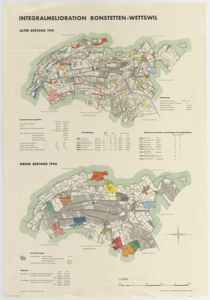 Bonstetten, Wettswil am Albis (damals Wettswil): Integralmelioration, alter Bestand 1941 und neuer Bestand 1946; Übersichtsplan