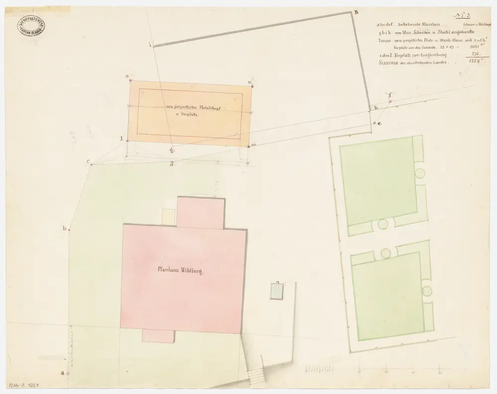 Wildberg: Pfarrhaus, projektierter Holzschuppen und Vorplatz; Grundriss (Nr. 3)