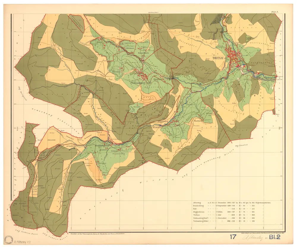 Aftersteg, Stadt Todtnau, LÖ mit Brandenberg, Fahl, Muggenbrunn, Todtnau und Todtnauberg. GLAK H-1 Gemarkungspläne