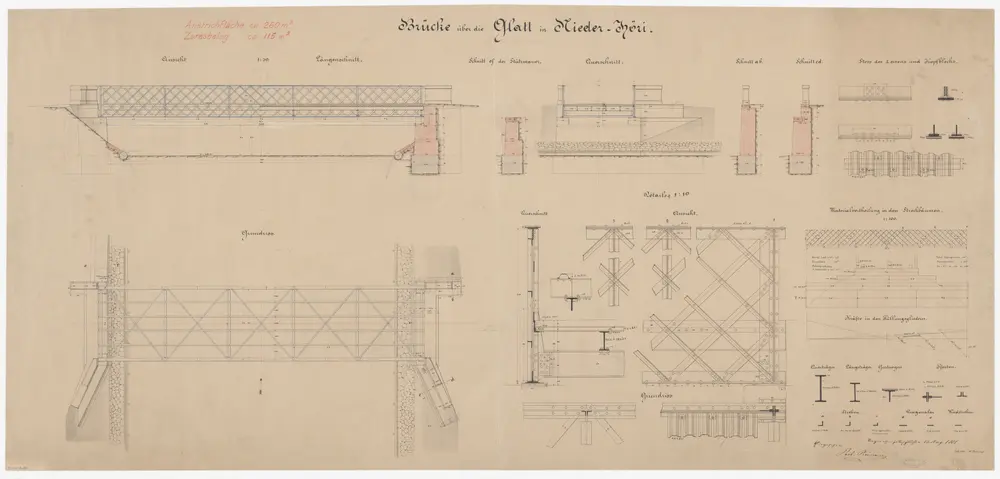 Höri: Eiserne Fachwerk-Brücke über die Glatt in Niederhöri; Ansichten, Grundrisse und Schnitte