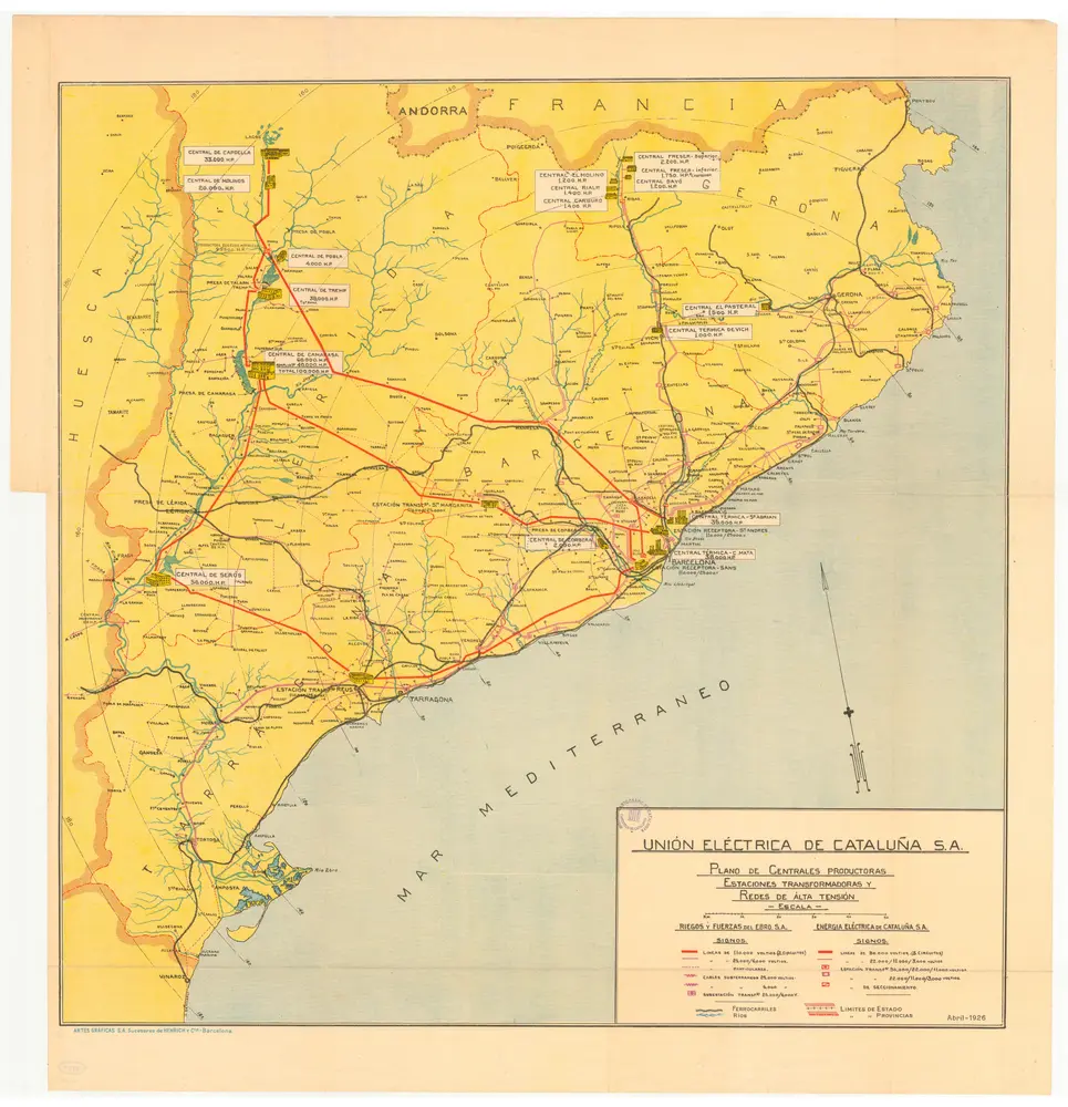 Unión Eléctrica de Cataluña, S.A.: plano de centrales productoras, estaciones transformadoras y redes de alta tensión, abril 1926