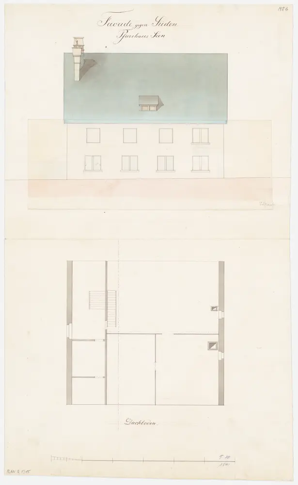 Seen: Pfarrhaus; Grundriss des Dachgeschosses und Südansicht (Nr. 6)