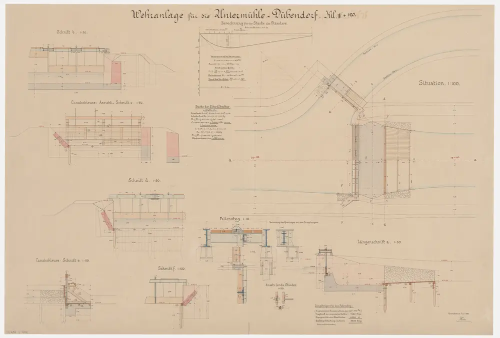 Dübendorf: Wehranlage der Untermühle; Situationsplan, Längsprofil und Schnitte (Glatt-Gebiet Nr. 63)