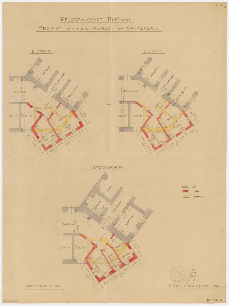 Pflegeanstalt Alt-Rheinau: Männerabteilung, zwischen Flügel I und II, projektierter Anbau, Erdgeschoss, 1. und 2. Stock; Grundrisse