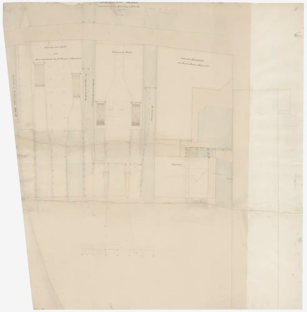Zürich: Unterer Mühlesteg, Fabrikgebäude von Herrn Escher zum Brunnen (früher Mühle von Herrn Schweizer), Mühle von Herrn Bodmer und Schleifwerkstätte Escher-Wyss und Cie.; Grundriss
