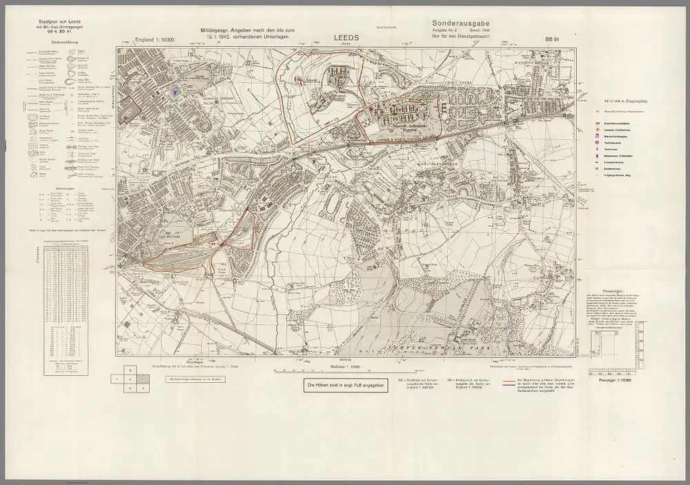 Street Map of Leeds, England with Military-Geographic Features.  BB 9t.